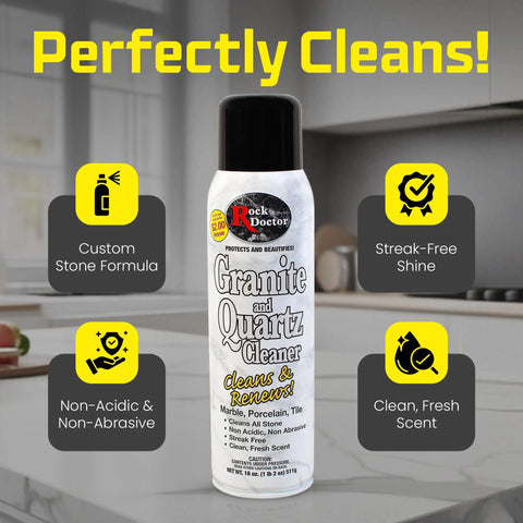 Stone Care Kit For Granite And Quartz 3 Piece Maintenance Set With Cleaner Sealer And Polish highlighting cleaner in kitchen