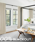 Light Beige Blackout Curtains 96 Inch Long Two Panel Set For Floor To Ceiling Installations In Living Room Or Bedroom Pet Friendly Faux Linen Anti Scratch No Fuss Keeps Light Out And Noise Reducing With A Sleek Tailored Look installed in a modern bedroom
