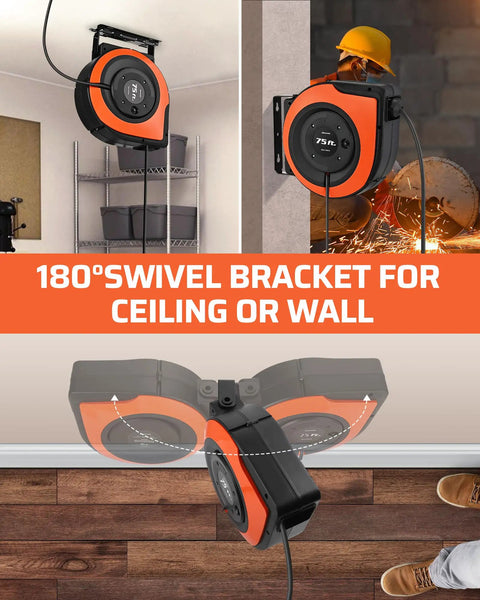 Retractable 75 Ft Heavy Duty Extension Cord Reel With 14/3C SJTOW Cable, wall or ceiling mount, 180° swivel bracket shown