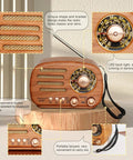 Retro Portable Bluetooth Speaker Radio With FM AM SW Bands, wood finish, adjustable antenna, handles, dials visible, on stand