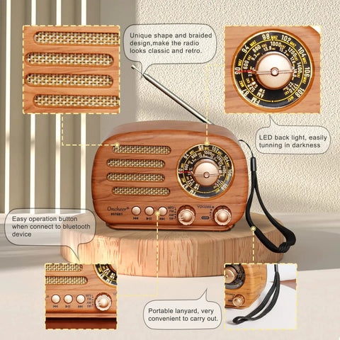 Retro Portable Bluetooth Speaker Radio With FM AM SW Bands, wood finish, adjustable antenna, handles, dials visible, on stand