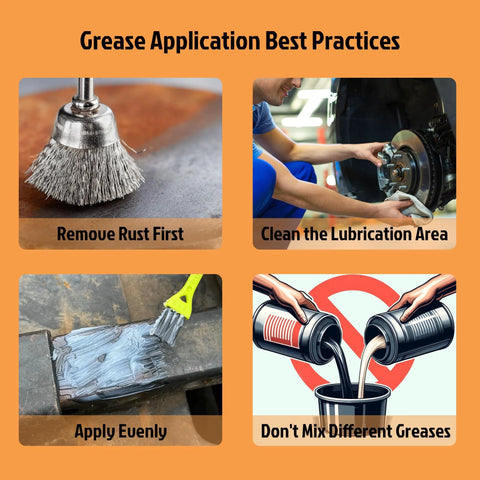 White lithium grease four-panel infographic: rust removal, clean lubrication area, apply evenly, don't mix greases.