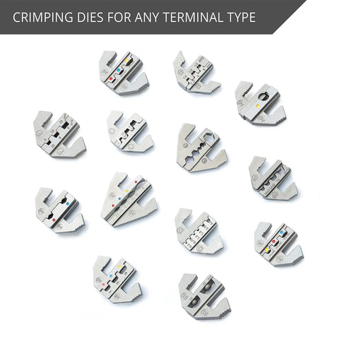 Crimping Die For Open Barrel Terminals 20 To 10 AWG With Precision Dies arranged on white background, compatible with OEM connectors.