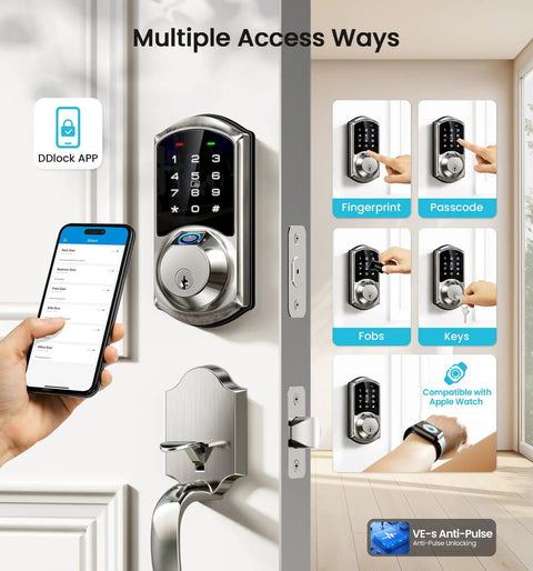 Heavy Duty Fingerprint Smart Deadbolt Lock Equipped With Direct Phone App Access And Portable Key Fobs Styled In Sleek Satin Nickel For Zero Stress Keyless Entry And Knockout Front Porch Protection