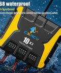 Three Bank 12V Battery Charger With 30A Total Output marine charger in water, highlighting waterproof feature, IP68 rating visible.
