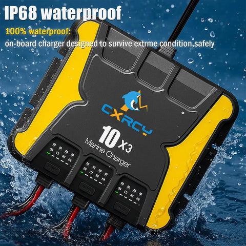 Three Bank 12V Battery Charger With 30A Total Output marine charger in water, highlighting waterproof feature, IP68 rating visible.