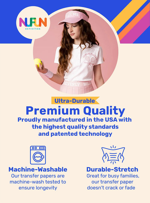 Young girl wearing pink clothing holding ball, highlighting text about ultra-durable, premium quality transfer paper made in the USA.
