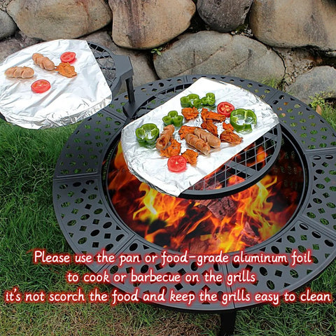 36 Inch Fire Pit With 2 Grills Lid And Round Waterproof Cover 3 In 1 Outdoor Fire Pit Table with food grilling on foil