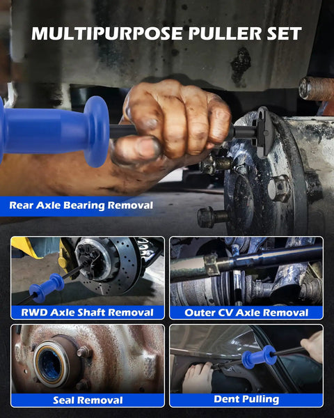 All In One Slide Hammer Puller Kit DIY Ready 22 Piece With One Inch To Two Inch And Seven Eighths Inch Adapters in use for axle and seal removal