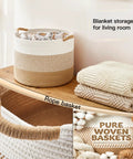 70L Cotton Rope Basket For Living Room And Nursery, Boho Woven Toy Box, Kid Safe blanket storage, brown and white, on shelf.
