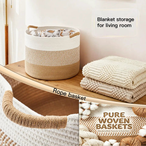70L Cotton Rope Basket For Living Room And Nursery, Boho Woven Toy Box, Kid Safe blanket storage, brown and white, on shelf.