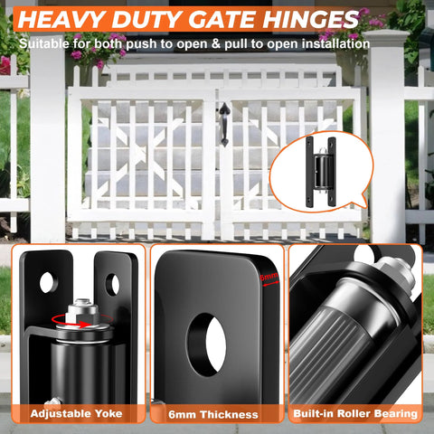 Two PICURA 7-inch heavy-duty black steel gate hinges, wall-mount, for metal/farm gates, 1100 lb capacity