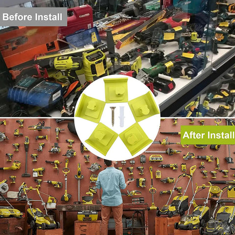 Garage with 10 Pack Tool Holder Dock Mount For 18V Drills And Batteries, Wall Mounted Organizer Rack With Screws, Before and After Installation