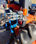 Tractor rear-mounted 6-port hydraulic diverter valve with bracket and bolts; blue hoses connected