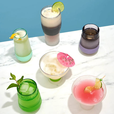 Assorted colored double-wall glasses with drinks; Freezable Beer Glasses Set Of 2 16 Oz Double Wall Insulated Pints Keep Brews Ice Cold Longer Gray Tumbler
