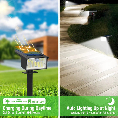 Super Duper Bright 3 Pack Solar Spot Lights Landscape Security, Smart Motion Sensor Snaps On Instantly When You Walk By, 62 Led 1000 Lumen Cool White Floods, Three Custom Modes, Total Game Changer For Any Yard Or Driveway