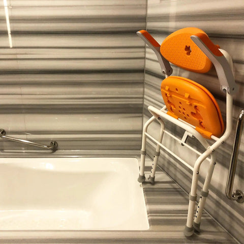 One Click Folding Shower Chair With Height Adjustable Legs, Arms And Back, Detachable EVA Cushioned Seat, folded inside shower stall