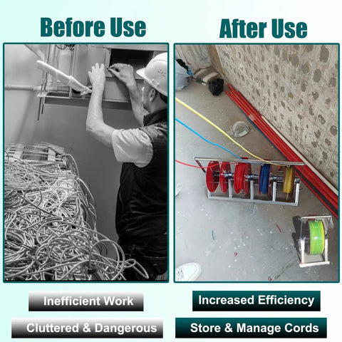Before and after use of multi reel electrical wire dispenser with plastic spool and foldable portable cable caddy in warehouse.