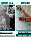 Before and after using Collapsible Wire Spool Rack Cable Caddy for easy cable storage, portable wire organizer stands with reels.