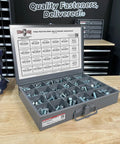 Hex Cap Screws Bolts Nuts And Washers All In One Assortment Kit, 575 Pieces, Class 10.9 Zinc Clear Finish in open steel tray