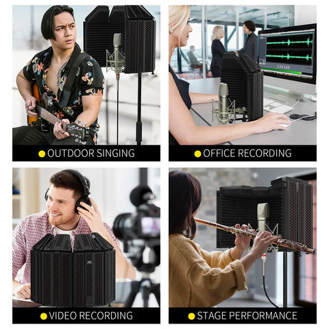 Game Changing Acoustic Recording Microphone Isolation Shield With Three Layer Soundproof Foam Panels in multiple recording settings.