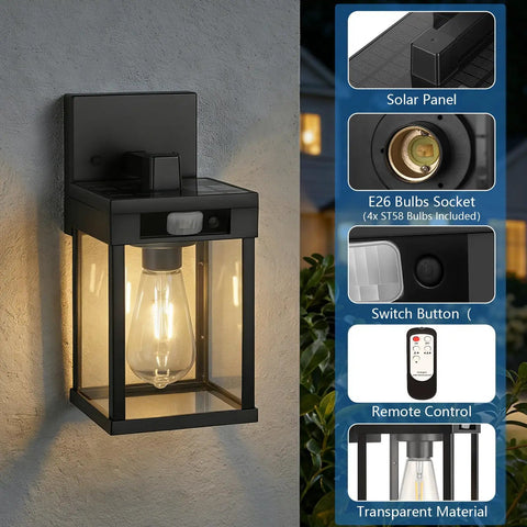 Kickass Solar Wall Lanterns With Hella Bright Motion Sensor And Three Flexible Lighting Modes For Outdoor Patio Runs Wirelessly Plus Storm Ready Build In A Quick Install Two Pack Set mounted on a wall with transparent housing.