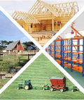 Collage of construction, farm, shelving, and tractor illustrating versatility of Heavy-Duty Stainless Steel Fully Threaded Hex Head Bolts Set