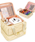 Beige Two Layer Nail Polish Organizer Case That Holds 42 Plus 15ml Bottles, A Handy Nail Kit Bag With Compartments For Nail Supplies, UV Lamp, Files And Manicure Tools, Great For Pros And Home Setup