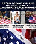 Collage of Made In USA 3x5 Ft American Flag Set With 200D Nylon Embroidered Stars in production and customer service scenes