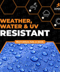 Promotional image showing a Blue Poly Tarp 40 By 50 Ft Heavy Duty Waterproof Protective Cover Lightweight Yet Tough Weatherproof 5 Mil Polyethylene with water droplets highlighting weather resistance.