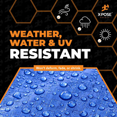 Heavy Duty 5x7 Poly Tarp Waterproof Weatherproof Cover For Gear And Equipment Construction Sites Painting And Outdoor Projects Lightweight Durable 5 Mil Polyethylene Multipurpose Shelter Keeps Your Gear Safe From Rain with water droplets and icons for weather, water, and UV resistance.