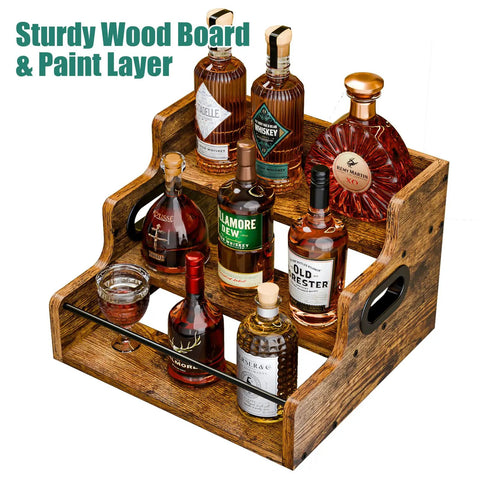 Three Tier Wooden Liquor Display Shelf For Home Bar 3 Step Countertop Rack For Bottles Whiskey Vodka And Spirits Retro Style Mini Bar Organizer Sturdy Wood Stand on countertop with bottles