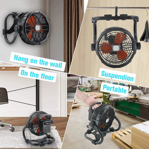 Rechargeable Outdoor Floor Fan Portable Beastly High Velocity Cooling Fan With LED Light USB Type C Port displayed in various settings