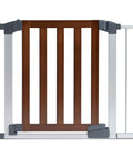 Auto Close Modern Pressure Mounted Baby Gate For Stairs, Hallways And Doors, Walk Through With Door, 29 Inch Tall, Dark Wood, Silver Metal