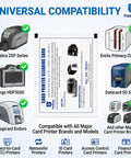 Universal compatibility graphic showing Top Tier CR80 Heavy Duty Presaturated Cleaning Cards 10 Pack For ID Badge Printers.