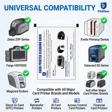 Universal compatibility graphic showing Top Tier CR80 Heavy Duty Presaturated Cleaning Cards 10 Pack For ID Badge Printers.
