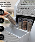 Fast Digital Coin Counter And Sorter Automatically Wrapping Loose Change At 200 Coins Per Minute While Auto Pausing On Full Loads As Screens Track Totals For Stress Free Deposit Days Built With Sleek Carbon Fiber Shell Making Bank Prep A Breeze - close-up of coin tubes and sorting mechanism.
