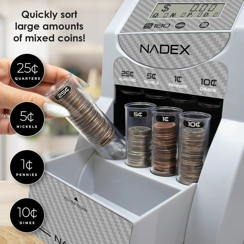 Fast Digital Coin Counter And Sorter Automatically Wrapping Loose Change At 200 Coins Per Minute While Auto Pausing On Full Loads As Screens Track Totals For Stress Free Deposit Days Built With Sleek Carbon Fiber Shell Making Bank Prep A Breeze - close-up of coin tubes and sorting mechanism.