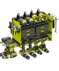 Wall Mounted Drill Storage Rack With Charging Station And Drill Holder, Power Tool Organizer For Garage And Workshop, Holds 4 Drills, 8 Outlet Power Strip, Drill Bit Organizer, Green Three Layer visible with mounted tools and power strips.