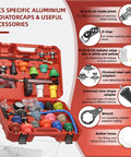 Front view of red tool case containing 31-piece HZAUTOS coolant vacuum refill kit and radiator adapters