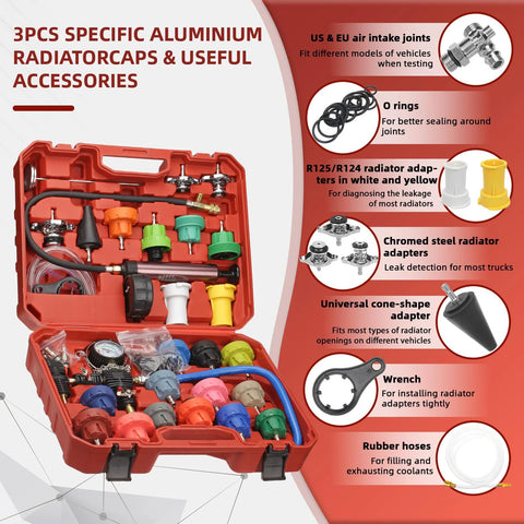 Front view of red tool case containing 31-piece HZAUTOS coolant vacuum refill kit and radiator adapters