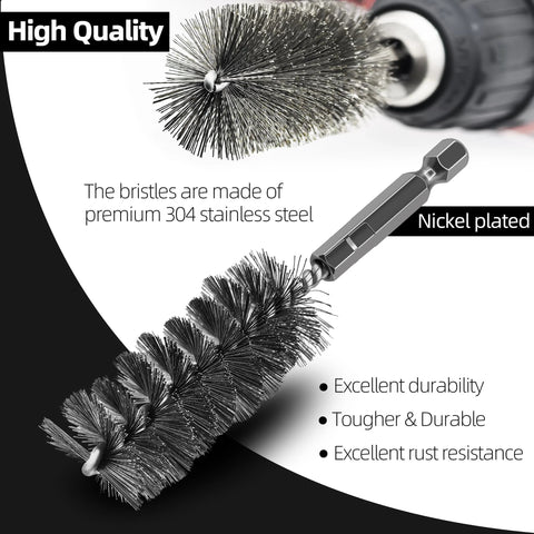 Close-up of 12 Piece Stainless Steel Bore Brush Set For Drill with 1/4 Inch Hex Shank showing metal bristles and hex connection.