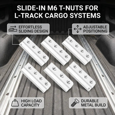Six Pack M6 L Track T Nuts With Sliding Design For Easy Insertion And Repositioning Along Track The Go To Choice For Truck Trailer RV Boat Cargo Haulers 6mm Hole Diameter 50mm Length Heavy Duty Security on cargo floor