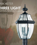 Lancaster Outdoor Post Lantern Three Light Outdoor Fixture With Slick Black Finish 24 Inch Height close-up view