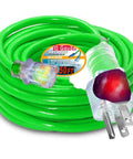 Heavy Duty Outdoor Extension Cord 50 Foot 10 Gauge 3 Prong SJTW Cable With Lighted Ends coiled showing green color and plugs