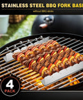 Four Piece Stainless Steel Kabob Skewer Rack Set For Grilling BBQ Long Skewer Holders on a round grill with food.