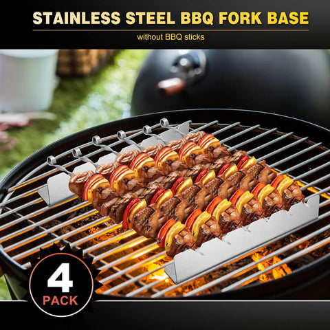 Four Piece Stainless Steel Kabob Skewer Rack Set For Grilling BBQ Long Skewer Holders on a round grill with food.