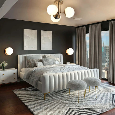 Bedroom with Modern Globe Wall Sconce 1 Light In Brushed Nickel, Diffused Opal Glass Shade, above bed with city view