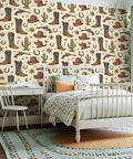 Vintage Wild West Peel and Stick Wallpaper Self Adhesive for Rustic Barn Decor with cowboy boots and cacti design in bedroom.