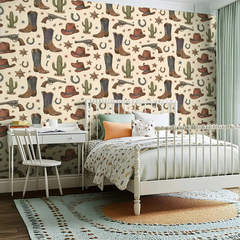 Vintage Wild West Peel and Stick Wallpaper Self Adhesive for Rustic Barn Decor with cowboy boots and cacti design in bedroom.